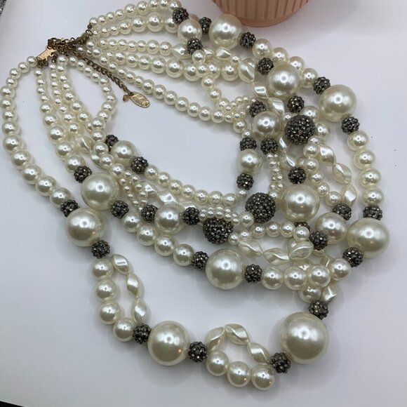 Julies B Multi Strands Faux Pearls Black Hematite Rhinestone Rondelles Necklace - Picture 2 of 8